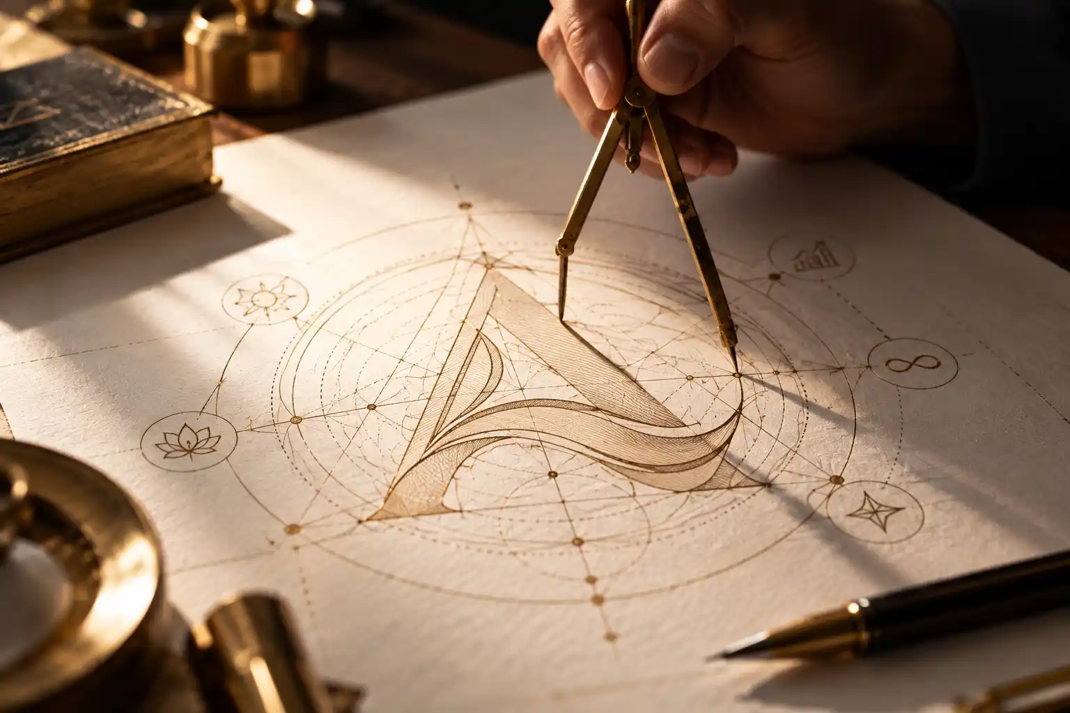 Scientific logo design with a golden compass and geometric construction